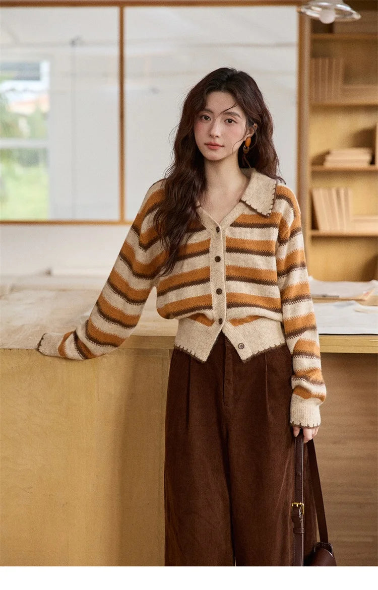 MISHOW Striped Cardigan for Women 2025 Winter Retro Unique Design V-neck Single-breasted Sweater Wool Long Sleeve Top MXE87Z2681