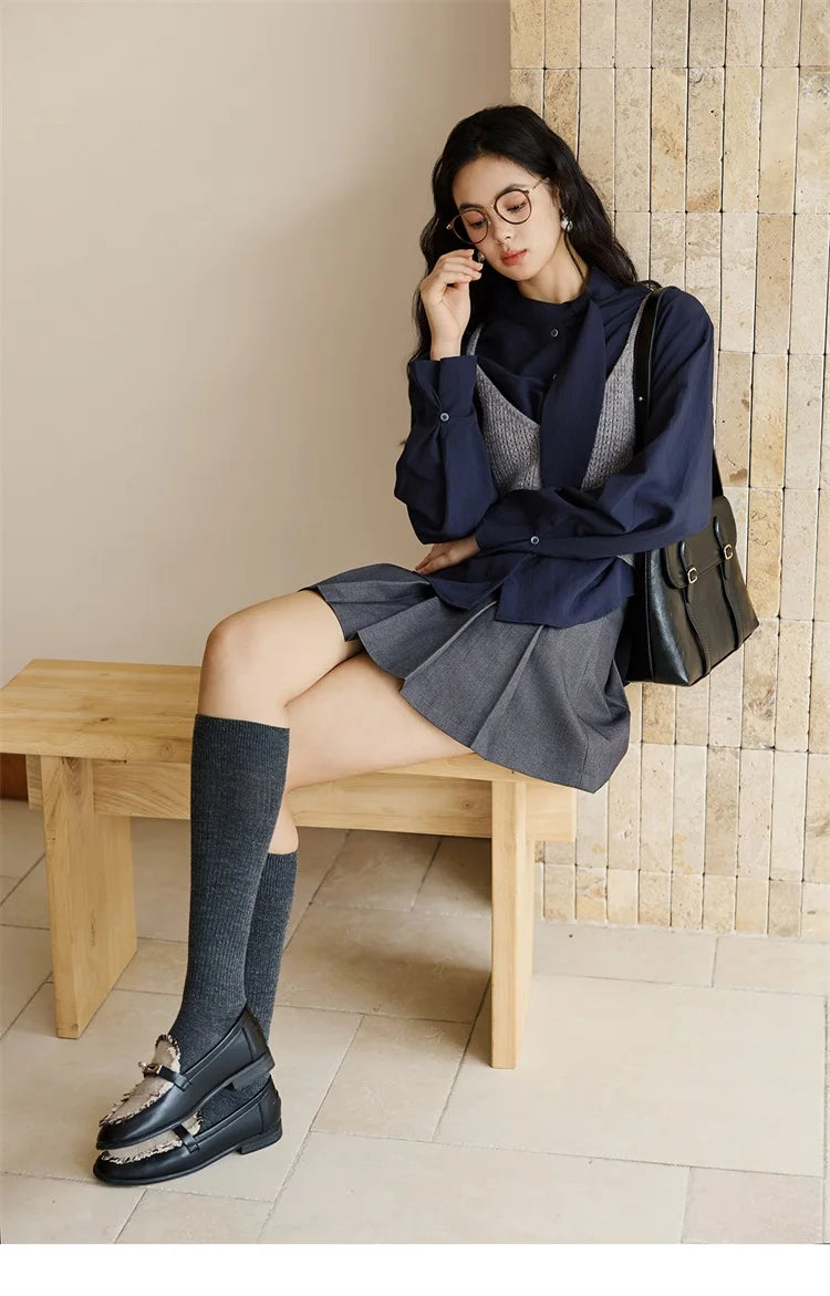 MISHOW Woman Shirt Set 2025 Autumn Fashion New Navy Blue Ribbon Design Layered Shirt Knit Camisole Two-piece Suit MXE47T1412