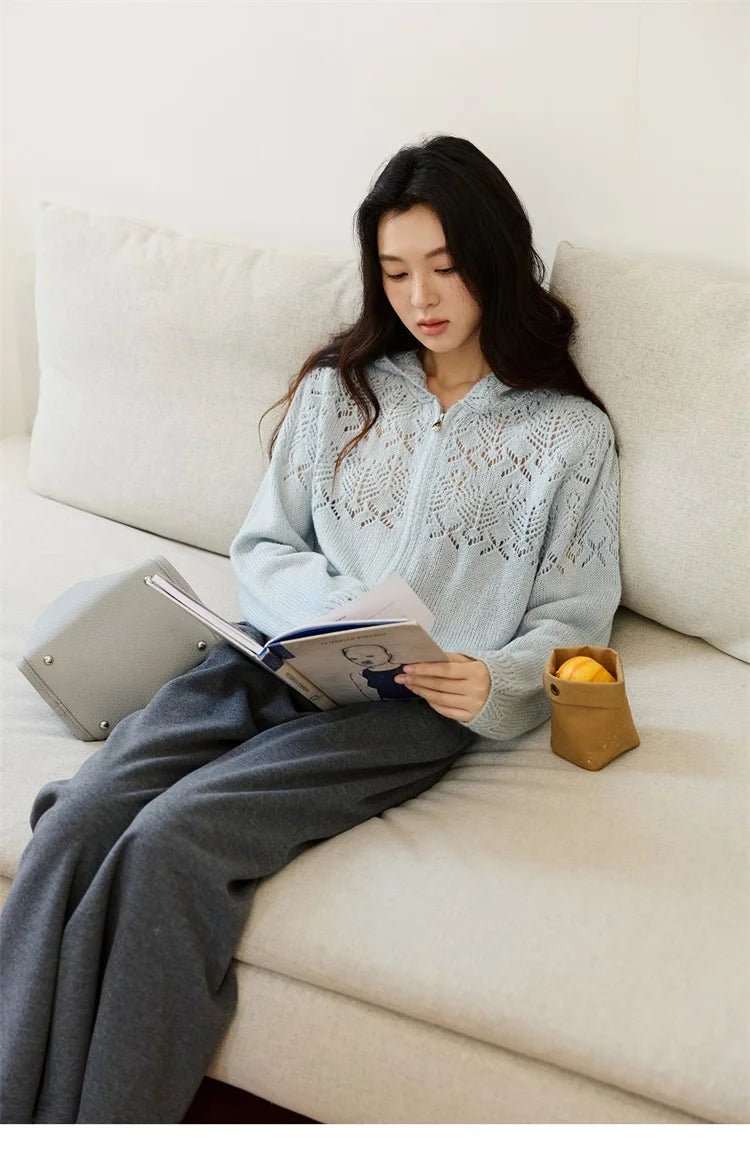 MISHOW Women's Autumn Cardigan 2025 New Loose Blue Hollow Knitted Cardigan Commute Hooded Short Zipper Sweater MXE46Z2584