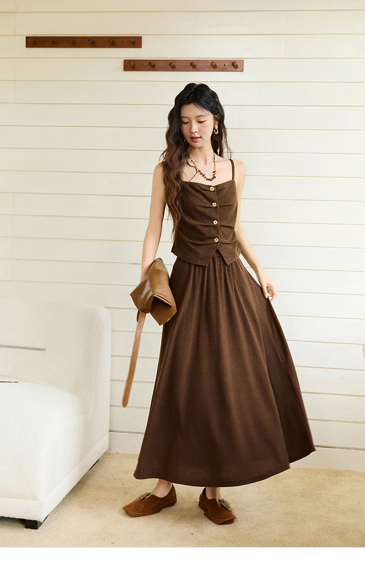MISHOW Camisole Skirt Suit 2025 Retro Dark Brown Pleated Design Tank Top A-line Skirt  Autumn Women's Clothing Set MXE46T1378