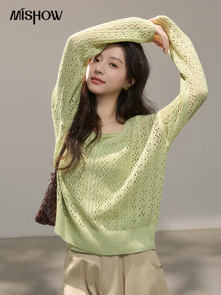 MISHOW Women's Hollow Out Cable Knit Tops with Camisole Two Piece Set Spring Loose Casual Breathable Green Sweater MXF16T1524
