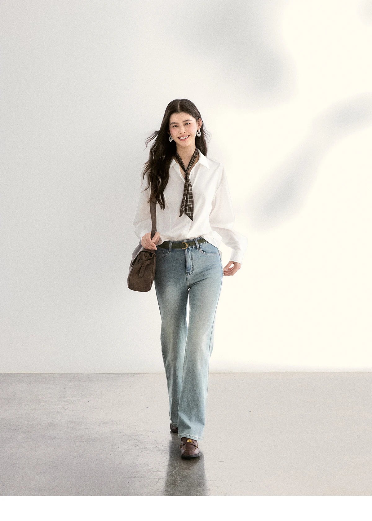 MISHOW Women's Casual Loose Shirt with Plaid Scarf 2026 Spring Lapel Tops Versatile Long Sleeve Shirts Office Lady MXF108C0815