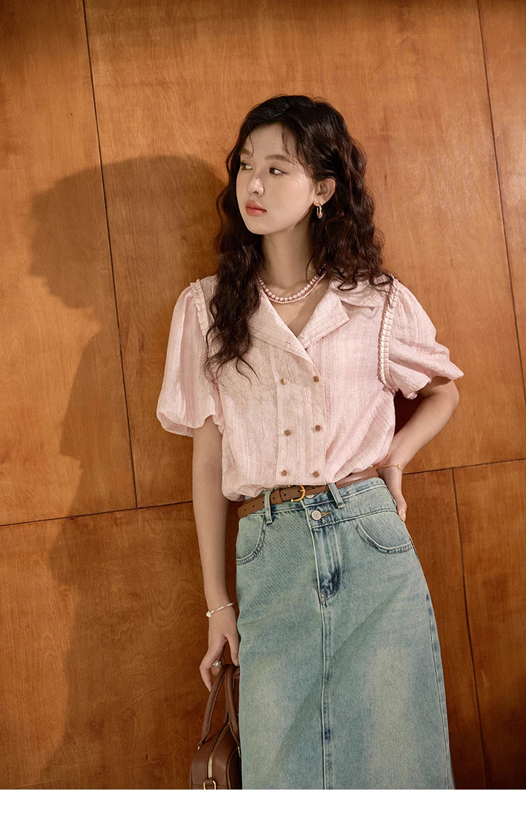 MISHOW Retro Pink Short Sleeved Shirt 2024 Summer V-neck Folded Ruffled Edge Top Elastic Cuffs Lapel Neck Blouses MXD29C0273