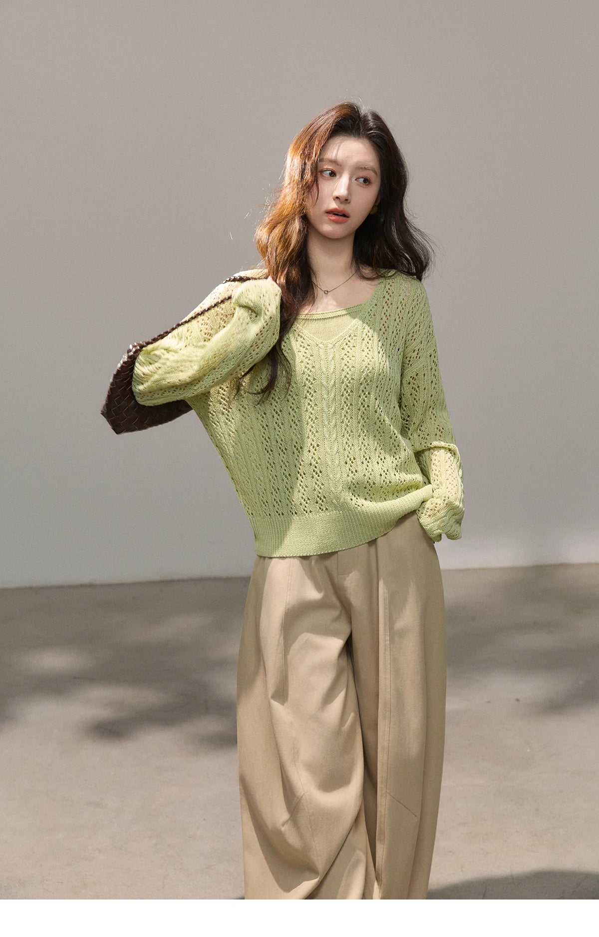 MISHOW Women's Hollow Out Cable Knit Tops with Camisole Two Piece Set Spring Loose Casual Breathable Green Sweater MXF16T1524