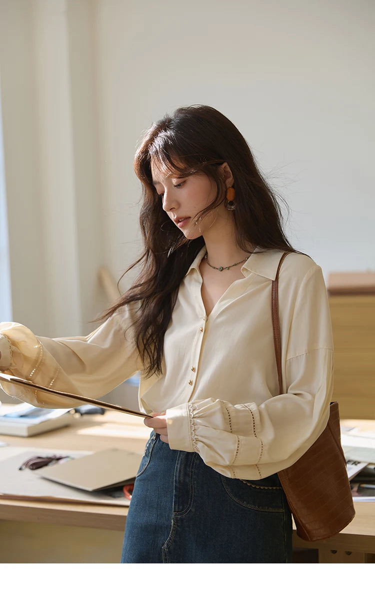 MISHOW Women's Shirt Lantern Sleeve Hollow Out Tops 2025 Autumn Single Breasted Solid Shirts Lapel Shirt Office Lady MXE41C2359