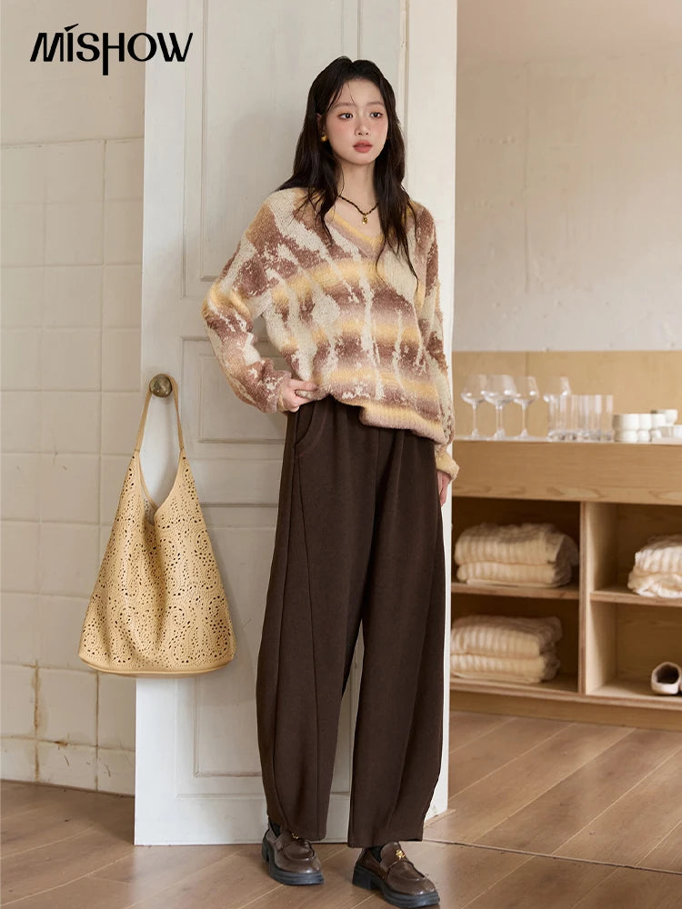 MISHOW Yellow Coffee Gradient Sweater Women 2025 Autumn Winter New V-neck Cable Knit Top Retro Commute Loose Sweater MXE51Z2627