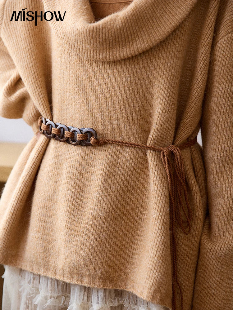 MISHOW Women's Orange Sweater 2025 Winter French Style Luxury Loose Long-sleeved Sweater Vest Belt Three-piece Set  MXE86T1437