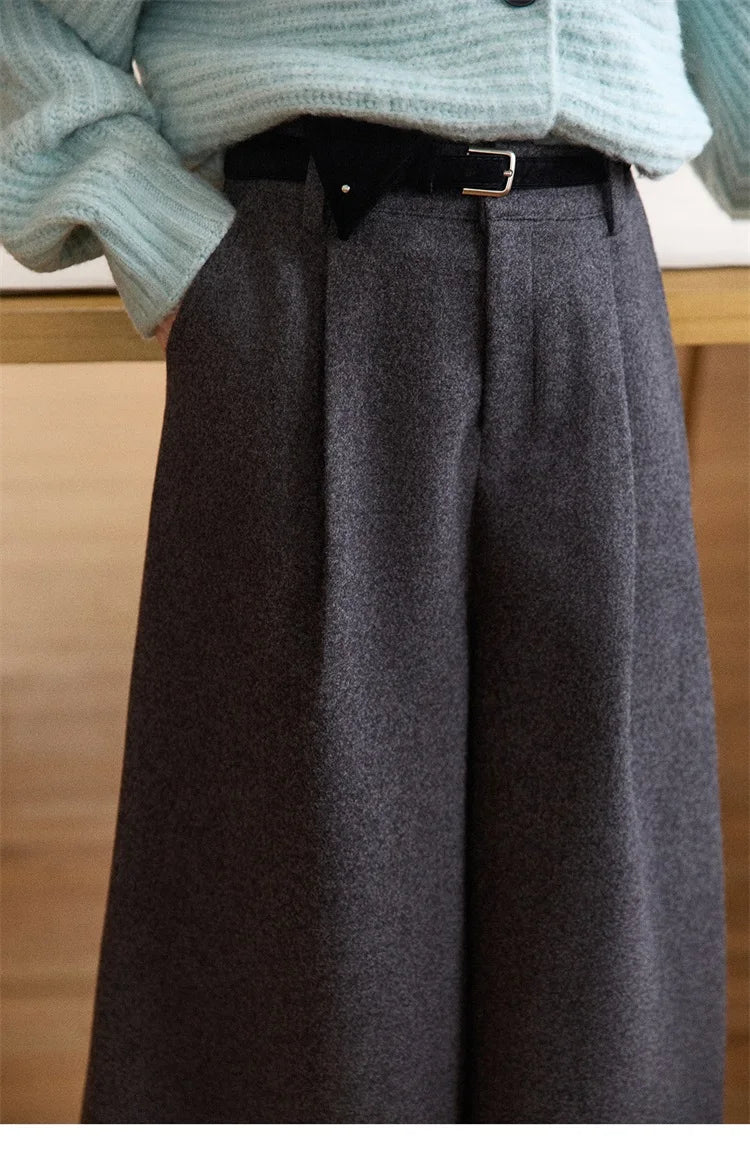 MISHOW Women's Pants 2025 Fashion Gray Wool Wide-leg Pants High-waisted Cropped Retro Style Commuting Pants Warm MXE90K1128