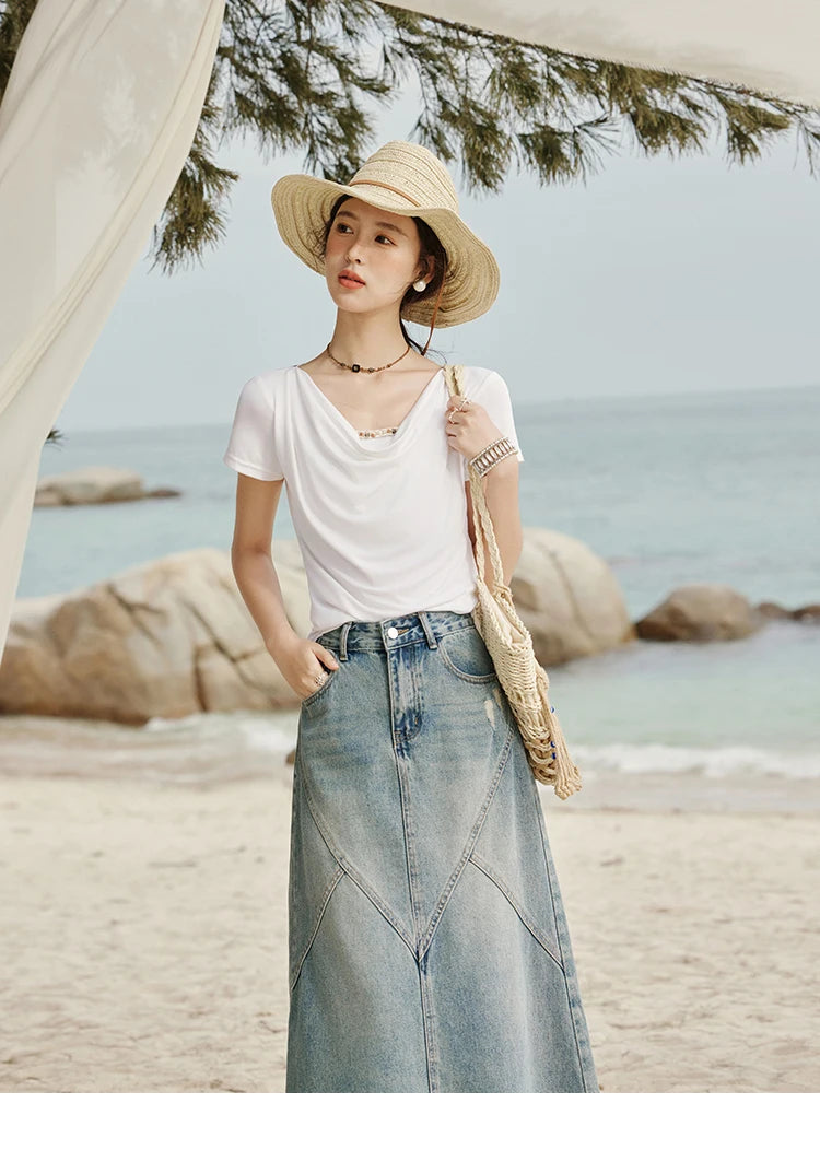 MISHOW Casual Summer Shirts Women 2025 Fashion Short Sleeve Swing Collar Solid T-shirt Female Slim Shell Ribbon Tops MXE33T0524