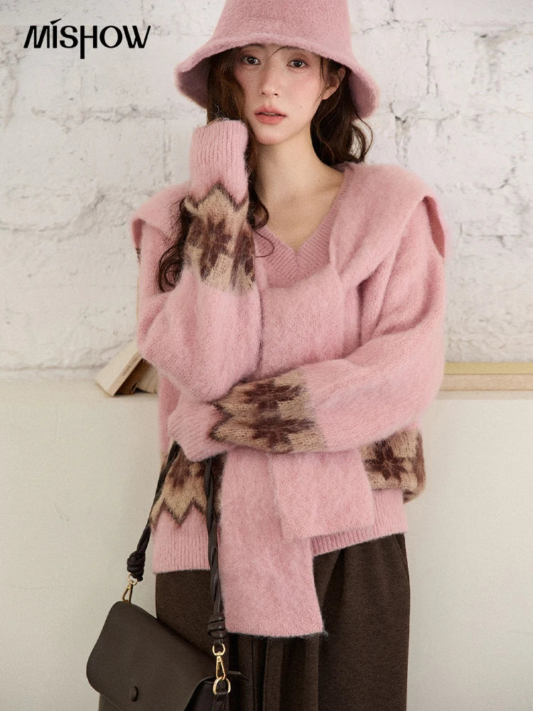 MISHOW Jacquard Pullovers for Women 2025 Winter Fashion Retro Geometric Pattern V-Neck Knitted Sweater with Shawl MXE86Z2654