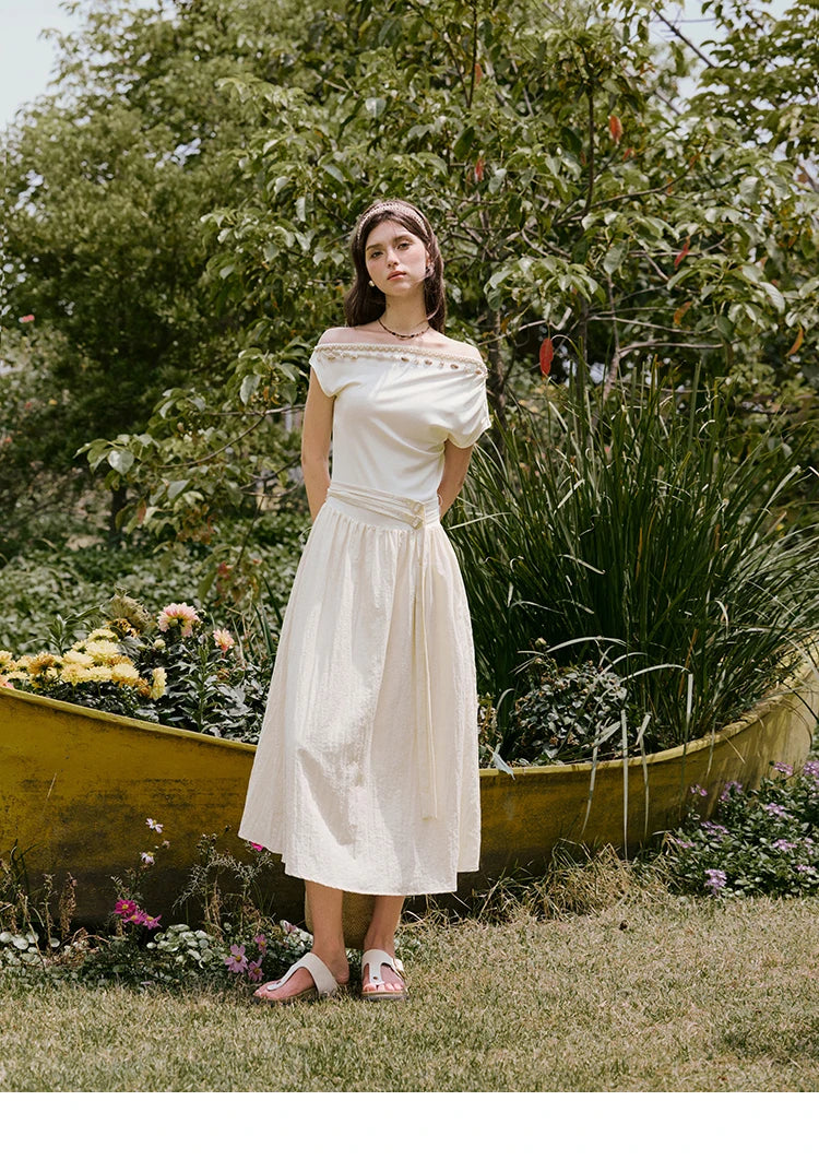 MISHOW Holiday Summer Dresses Women 2025 New Short Sleeve Shell Webbing Oblique Collar Slim Midi Dress Female Fashion MXE31L2189