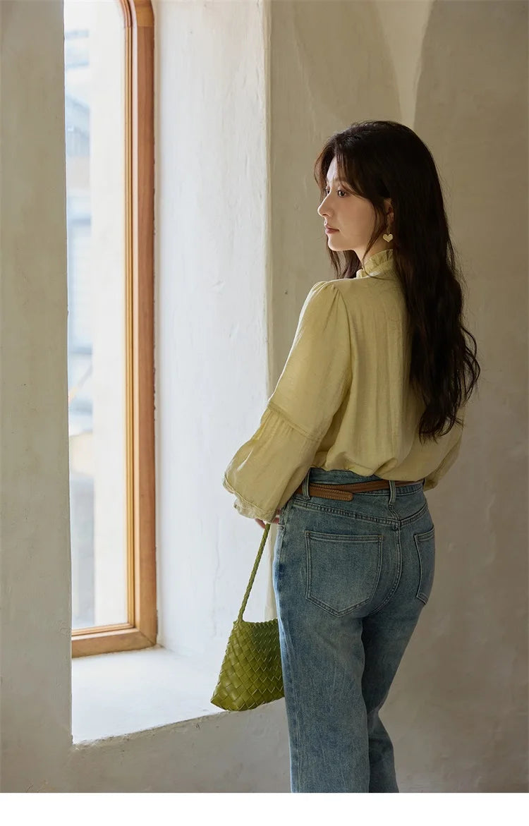 MISHOW Light Yellow Linen Solid Shirt 2025 Autumn Splicing Lace Hollow Sleeves Shirts Stand Collar Top Office Lady MXE42X1976