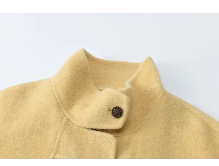 MISHOW Women's Long Coats 2025 Winter Yellow Double-faced 100% Wool Coat Windproof Lantern Sleeve Turtleneck Coat MXE51W0902