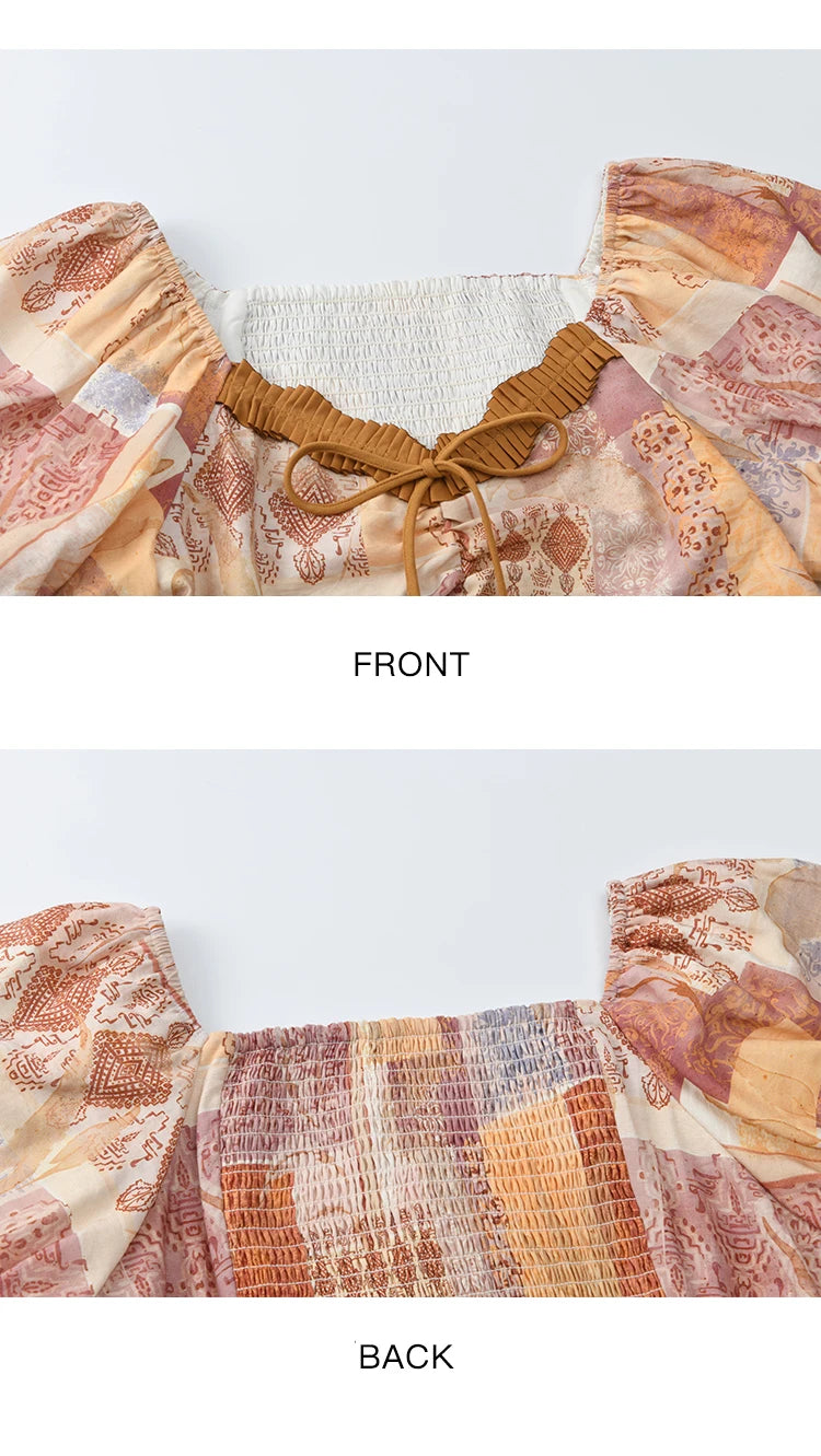 MISHOW V-neck Lace Up Patchwork Blouses for Woman 2025 Summer New Ladies Puff Sleeve Print Loose Top Female Clothing MXE38X1911