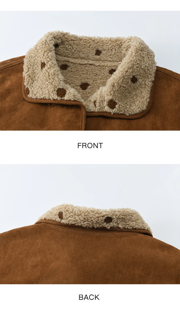 MISHOW Women's Brown Reversible Shearling Coat 2025 Winter Suede Polka Dot Lapel Coats Fleece Thick Warm Short Jacket MXE93W1012