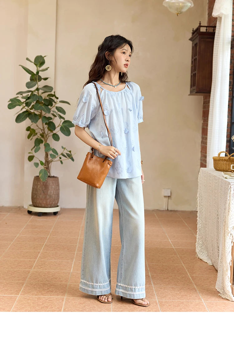 MISHOW Women's Butterfly Embroidery Blouse 2025 Summer New Fashion Hollow Out O-Neck Casual Top Female Clothing MXE36X1878