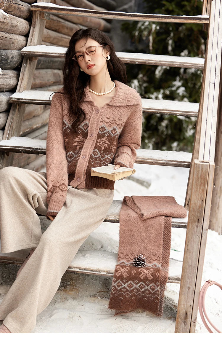 MISHOW Fair Isle Knitting Sweater Christmas Retro Cardigan Women Temperament Turn Down Collar Soft Warm Knitted Coat MXD58Z1036