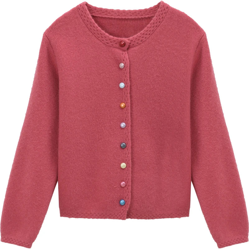 MISHOW Women's Cardigan 2025 Slim Fit Hollow Out Round Neck Rainbow Button Sweater French Style Solid Warm Knitwear MXE90Z2796