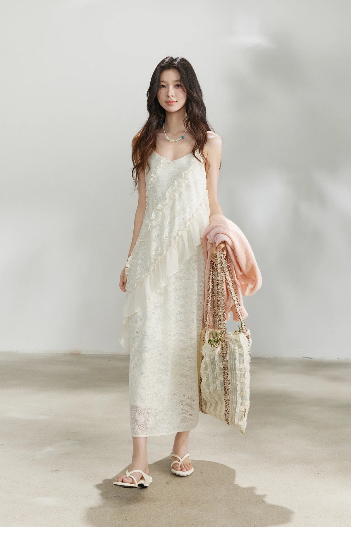 MISHOW Women's Cream Irregular Lace Slip Dress 2026 Spring V-Neck Ruffled Maxi Dresses Casual A-line Romantic Dress MXF108L1005