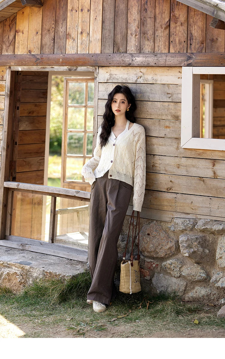 MISHOW French Knit Cardigan Women Separately 2025 Spring New Korean Casual Diamond Plaid Sweet V Neck Hollow Sweater MXE11Z1198