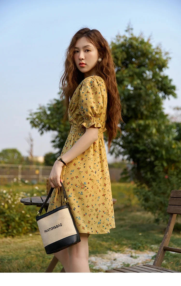 MISHOW Women's Retro Puff Sleeve Flower Dress 2025 Summer Waist Slim A-LINE V-Neck Shirring Female Ankle-Length Dress MXC33L1374