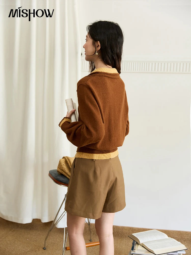 MISHOW Elegant Women's Sweaters 2025 Autumn Designer Knitted Double-layer Turn-down Collar Loose Long Sleeves Tops  MXE45Z2502