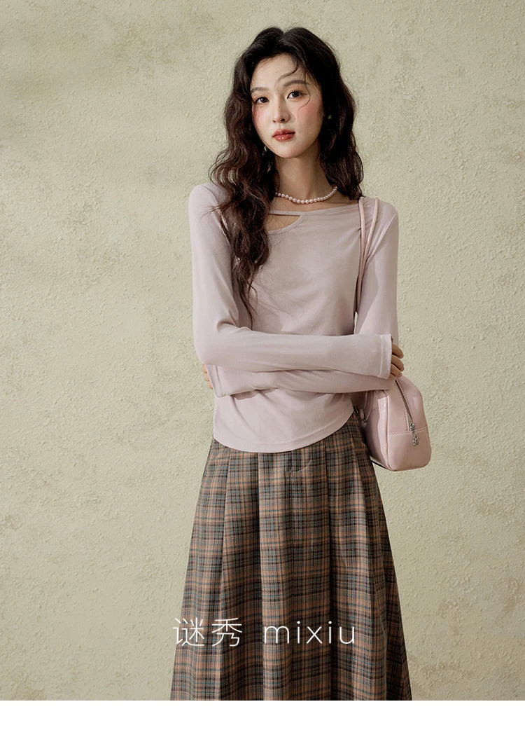 MISHOW Women's Knitted Long Sleeved T-shirt 2025 Spring Outfit Irregular Hollow Neck Tees Slim Solid Color Casual Top MXE13Z1116