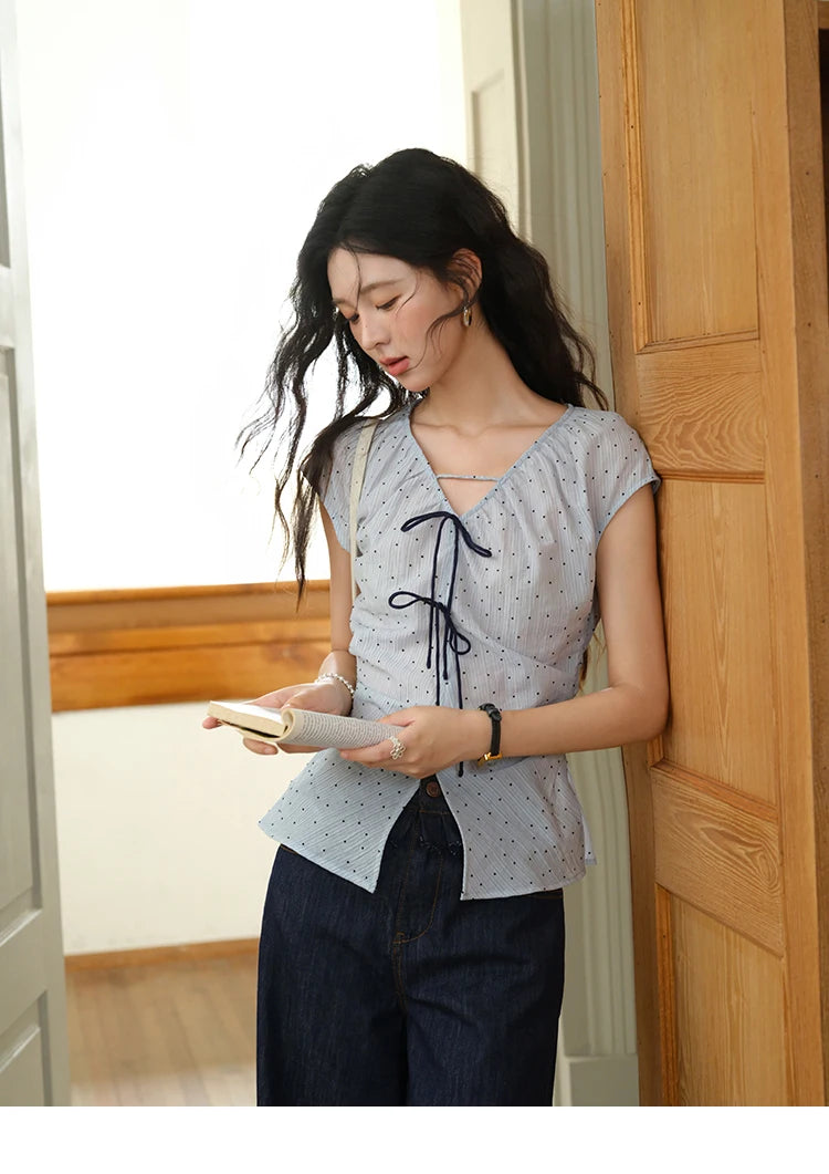 MISHOW Women's Elegant Blouses 2025 Summer Ladies V-Neck Bow Spliced Polka Dot Garment Sleeves Top Female Clothing MXE37X1909