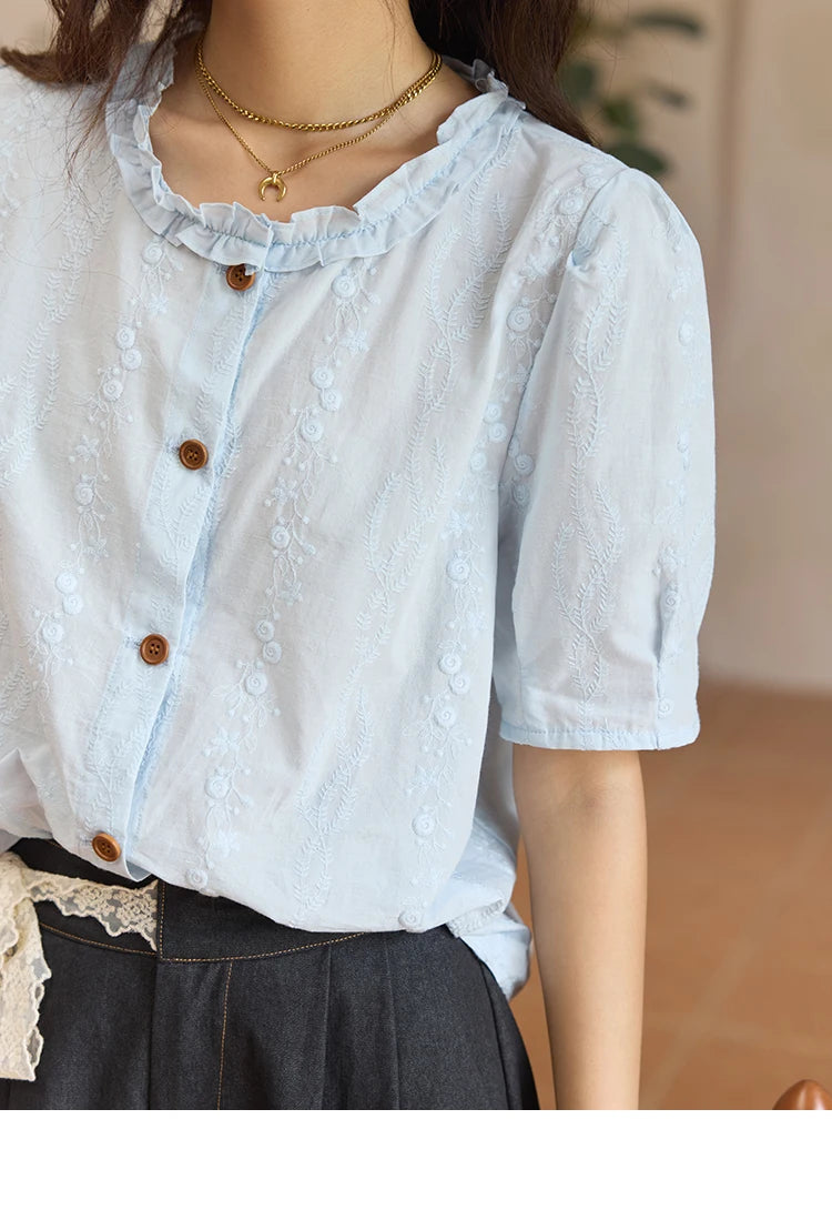 MISHOW 100% Cotton Women's Puff Sleeve Shirt 2025 Summer New Fashion Round Neck Button Top Casual Female Clothing MXE36X1873