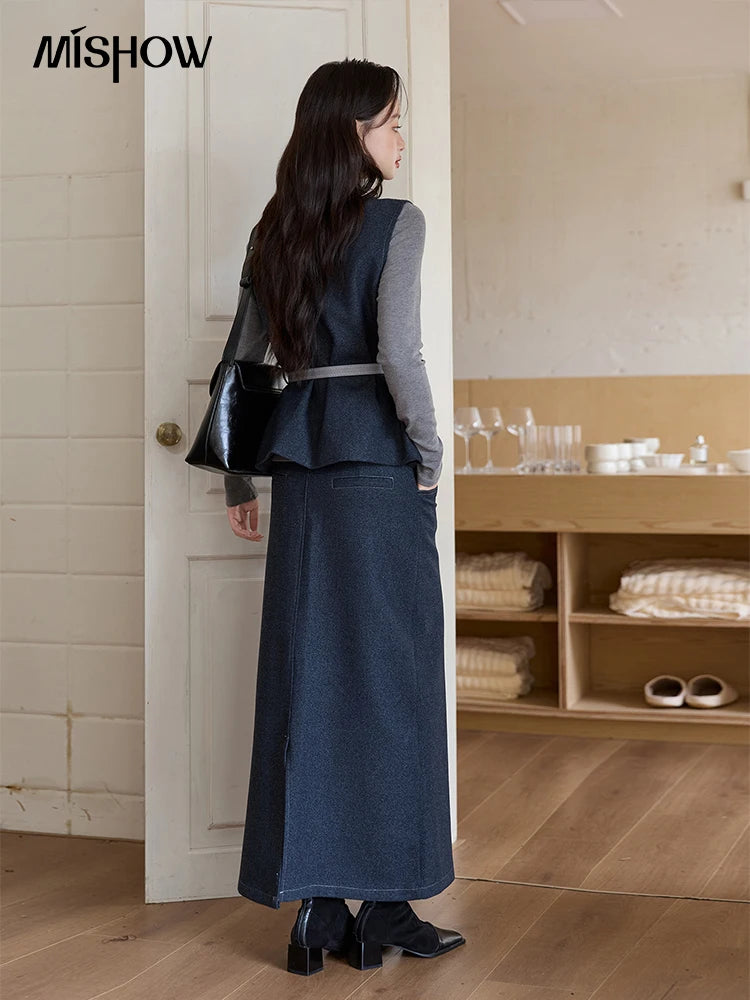 MISHOW Blue Three-piece Suit for Women 2025 Autumn Sleeveless Vest Straight Midi Skirt Slim Knit Tops Skirt Set  MXE49T1421