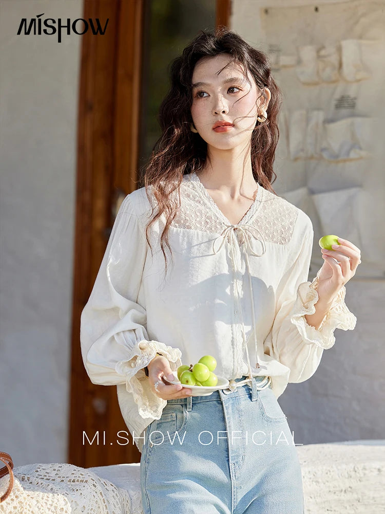 MISHOW Lace Patchwork Shirt for Women Spring 2025 V-neck with Fungus Edge Lace-up Chiffon Top Petal Sleeve Shirts MXE13X1713