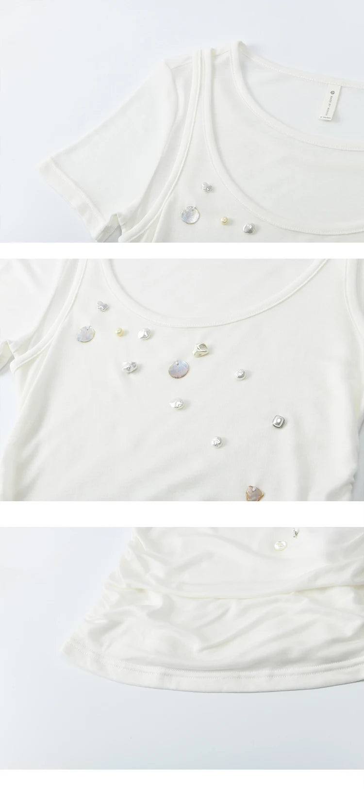 MISHOW White Fake Two Piece Bead Embroidered T-shirt for Women 2025 100 Cotton Tees Round Neck Knitted Breathable Top MXE35T0566