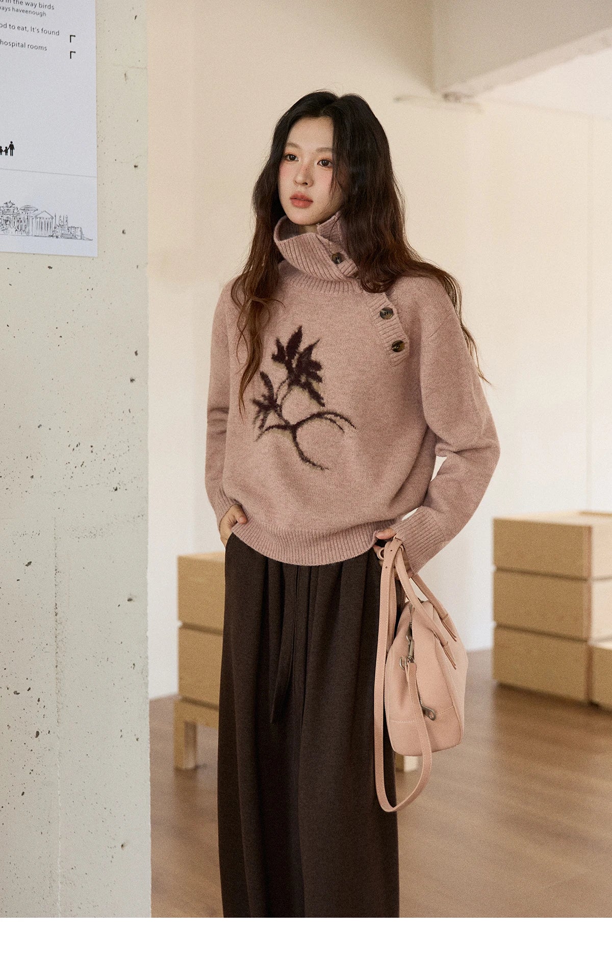 MISHOW Plant Jacquard Sweater for Woman 2025 Winter French Style Casual Turtleneck Design Knitted Pullover Tops Woman MXE86Z2658