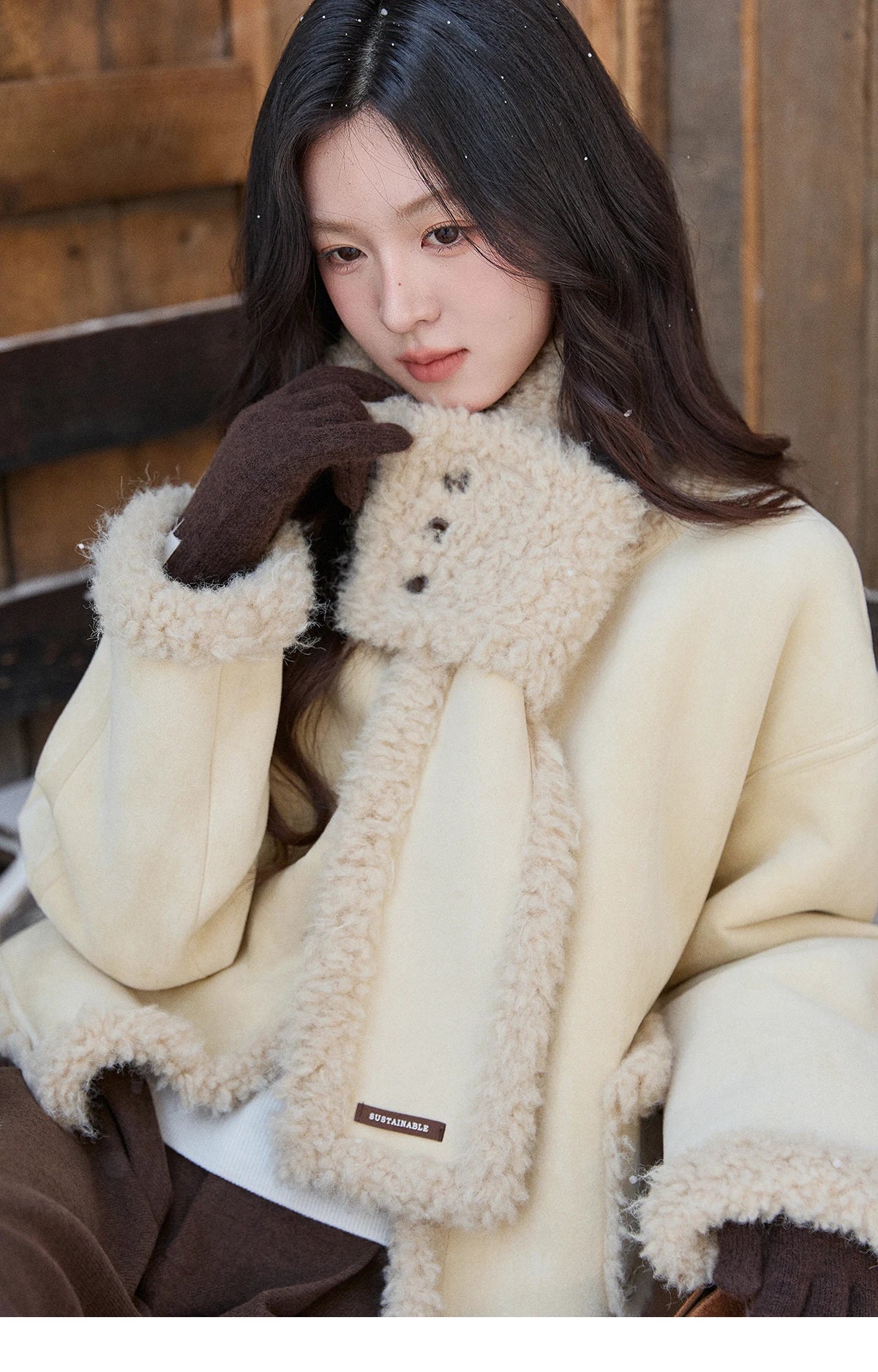 MISHOW Women's Cream Yellow Faux Suede Coat 2025 Winter Included Scarf Thickened Coats Soft Fleece Lined Outerwear MXE91W1019