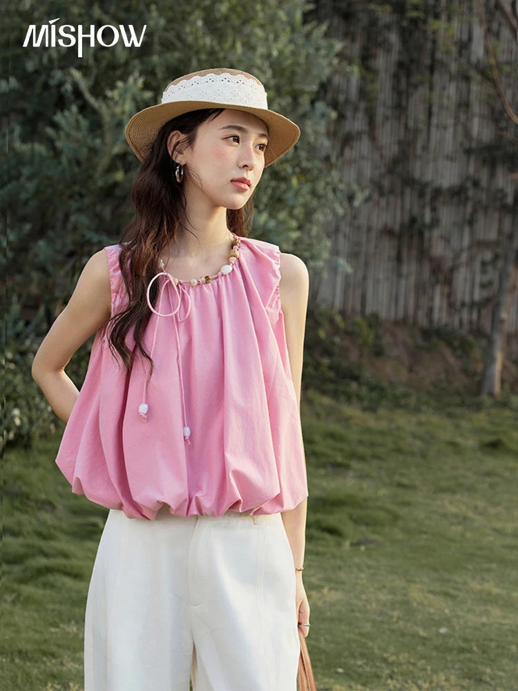 MISHOW French Rose Red Blouses Women Summer 2025 Sleeveless Round Neck Beaded Strap Design Short Tops Lady New Thin MXE32X1773