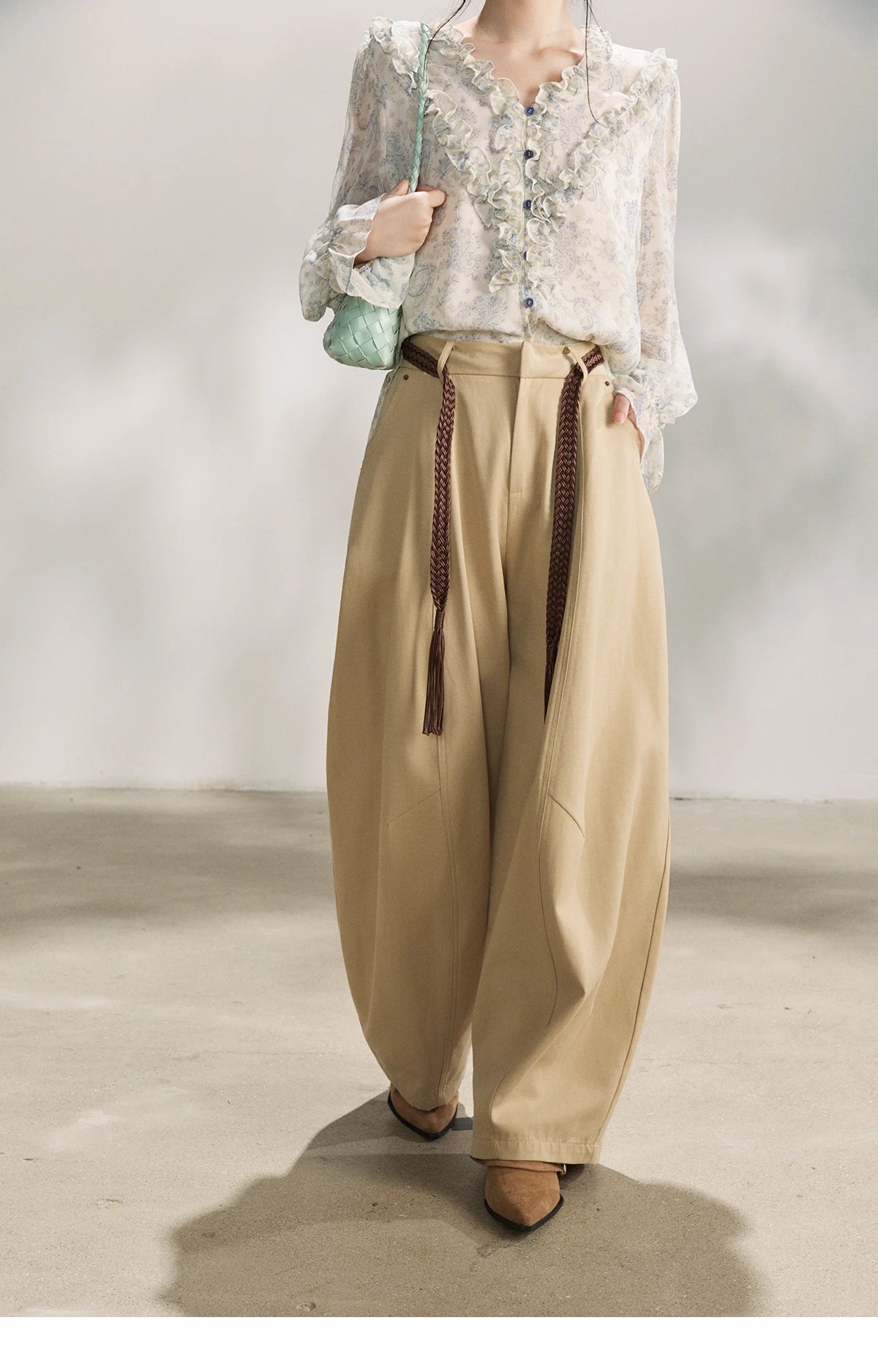 MISHOW Women's Khaki Wide Leg Pants 2026 Spring High Waist Belted Pants Rear Fake Pocket Design Casual Loose Trousers MXF13K1237