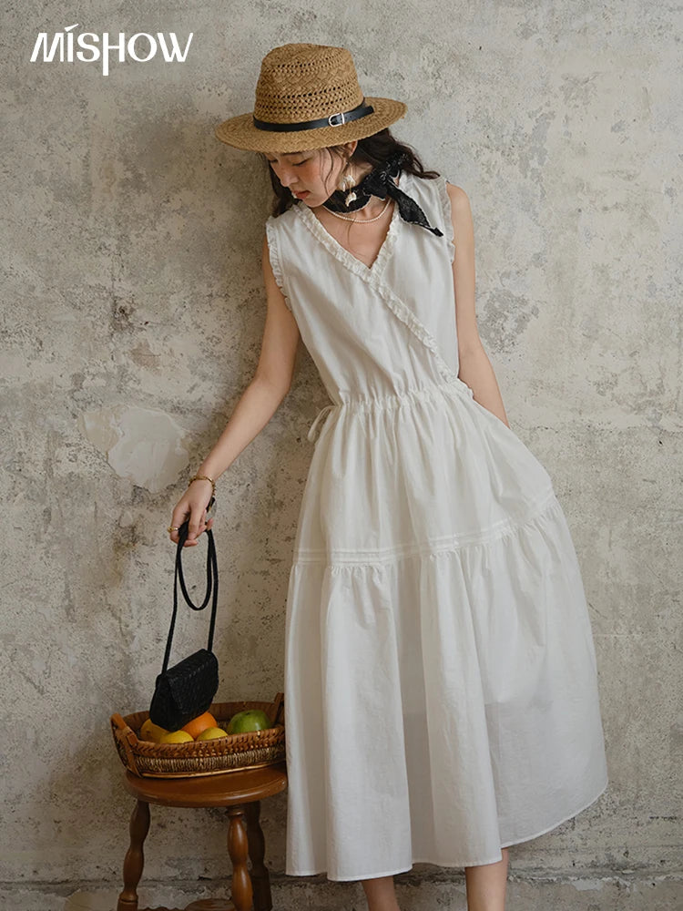 MISHOW Sleeveless Dress for Women Summer 2025 Drawstring Waist Simple Fashion Lace V-neck Dresses Female Clothing MXE37L2331