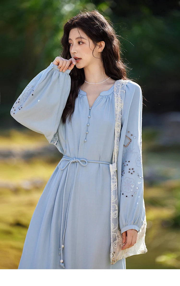 MISHOW French Hollow Lace Dress for Women 2025 Spring Vacation Slim Waist V-neck Dresses Loose Beach Fairy Dresses MXE12L2091