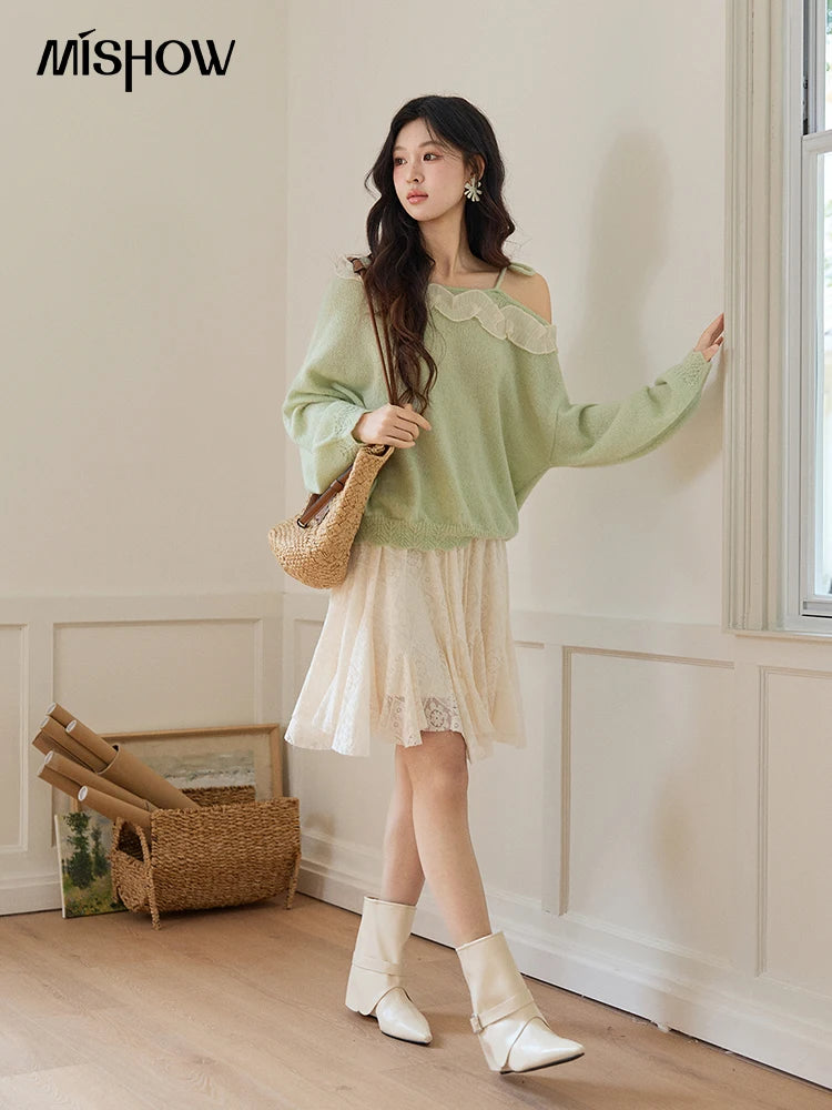 MISHOW Women's Light Green Knit Sweater 2026 Spring Asymmetrical Side Exposed Shoulder Tops Ruffled Casual Loose Top MXF108Z1027