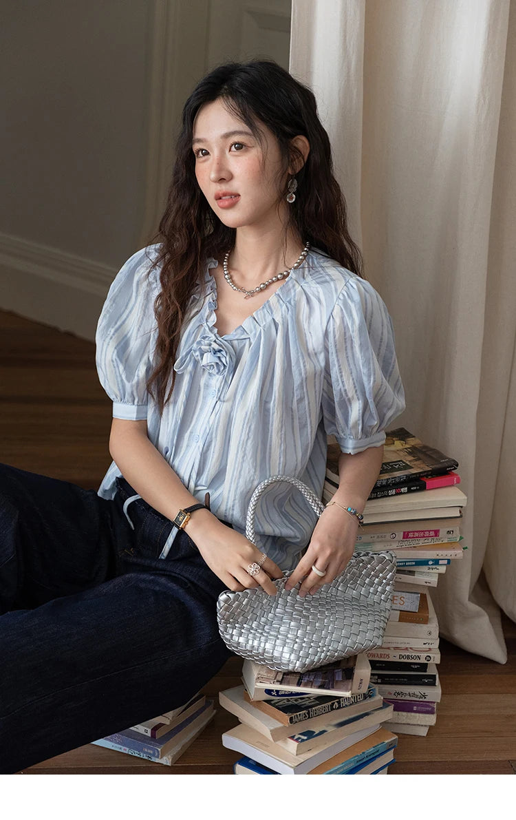 MISHOW Women's Striped Casual Shirt 2025 Summer New Lady Fashion Puff Sleeve V-Neck Button Blue Shirt Female Clothing MXE36X1870