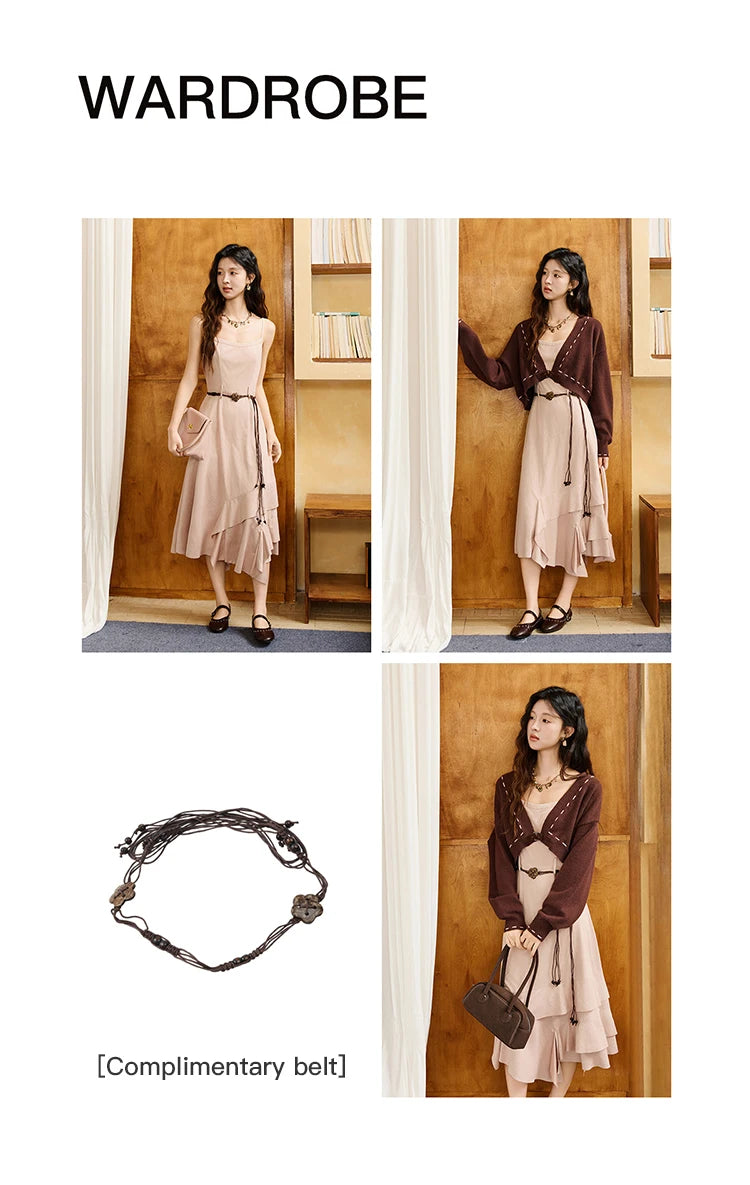 MISHOW Knitted cardigan camisole Dress Two-piece Set Autumn Frosted Velvet Retro Top Contrasting Design Dress Sets MXE47T1382