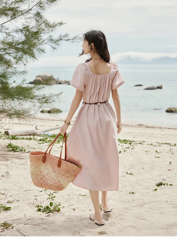 MISHOW Bohemian Pink Women‘s Summer Dresses Women 2025 Short Sleeve Square Collar with Belt Dress Lady New Fashion MXE33L2158