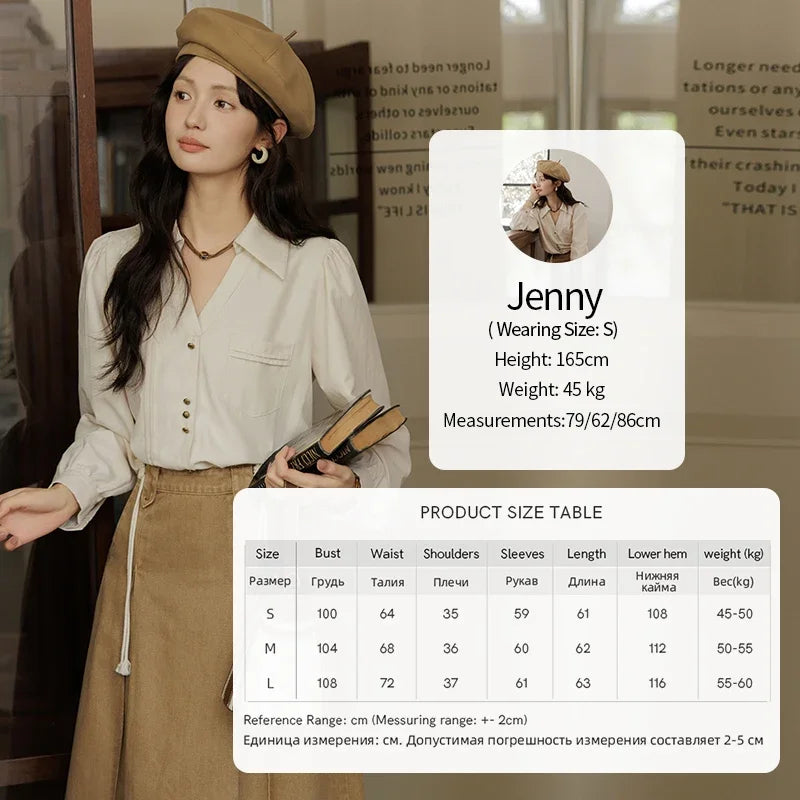 MISHOW Women's Long Sleeved Shirt 2024 Autumn French Minimalist Lapel V Neck Commuter Shirt Retro Button Office Lady MXD43C0306