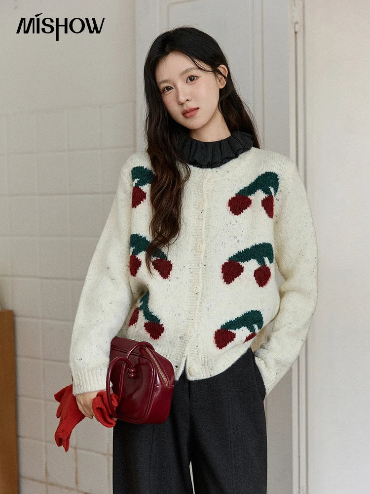 MISHOW Women's Cherry Jacquard Flecked Cardigan 2025 Autumn Winter Korean Drop Shoulder Tops Loose Crew Neck Knitwear MXE91Z2837