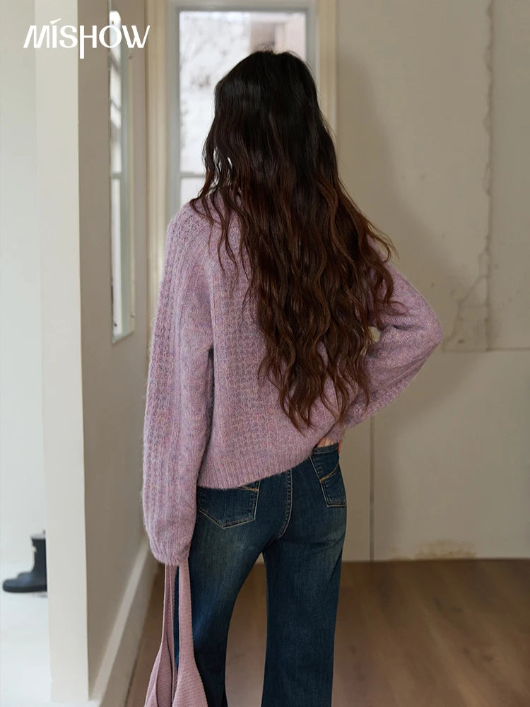 MISHOW Cardigans Ladies 2025 Winter Loose Retro Purple Turn-down Collar Imitation Mink Sweater Commute knit Top MXE88Z2616