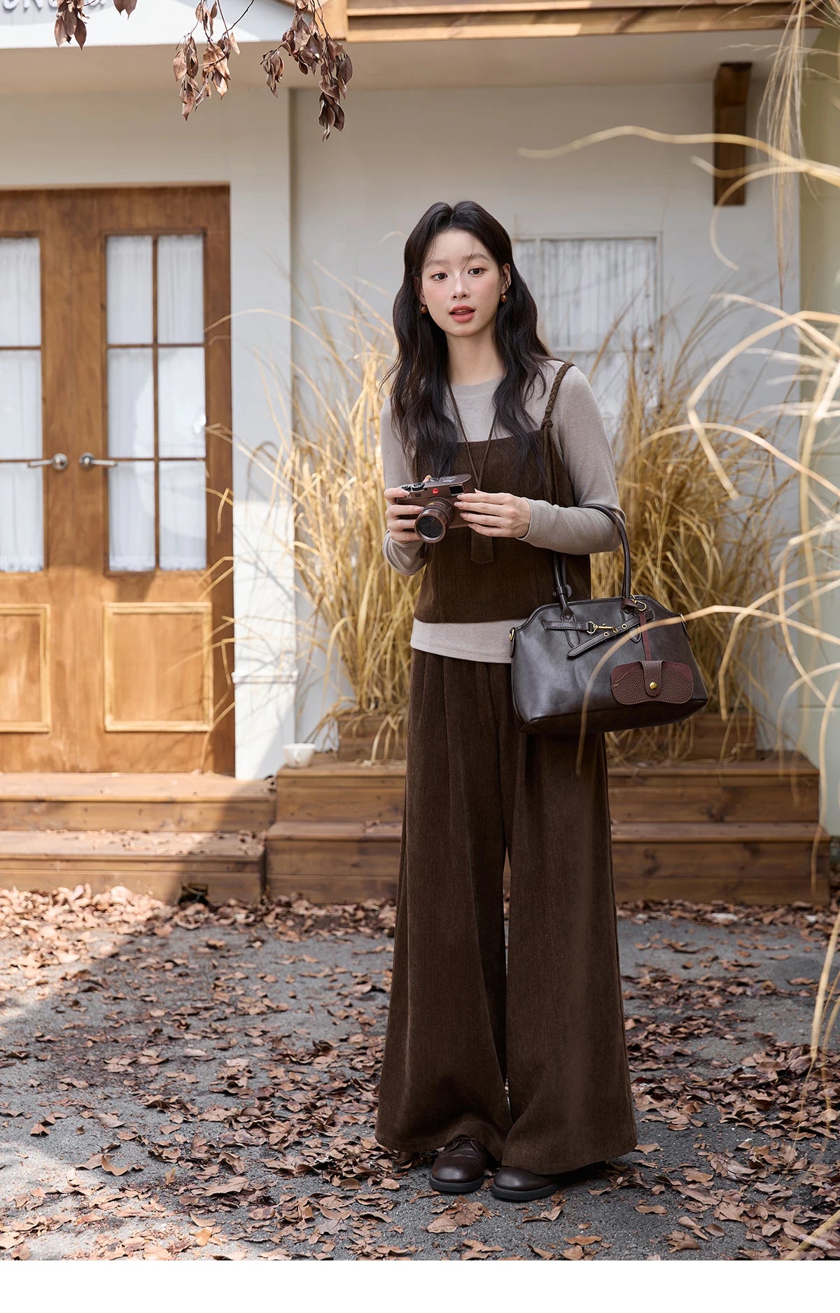 MISHOW Three-piece Suit Women 2025 Retro Brown Vest Wide-leg Pants Gray Long Sleeves Tops Autumn Women's Pants Set MXE49T1422