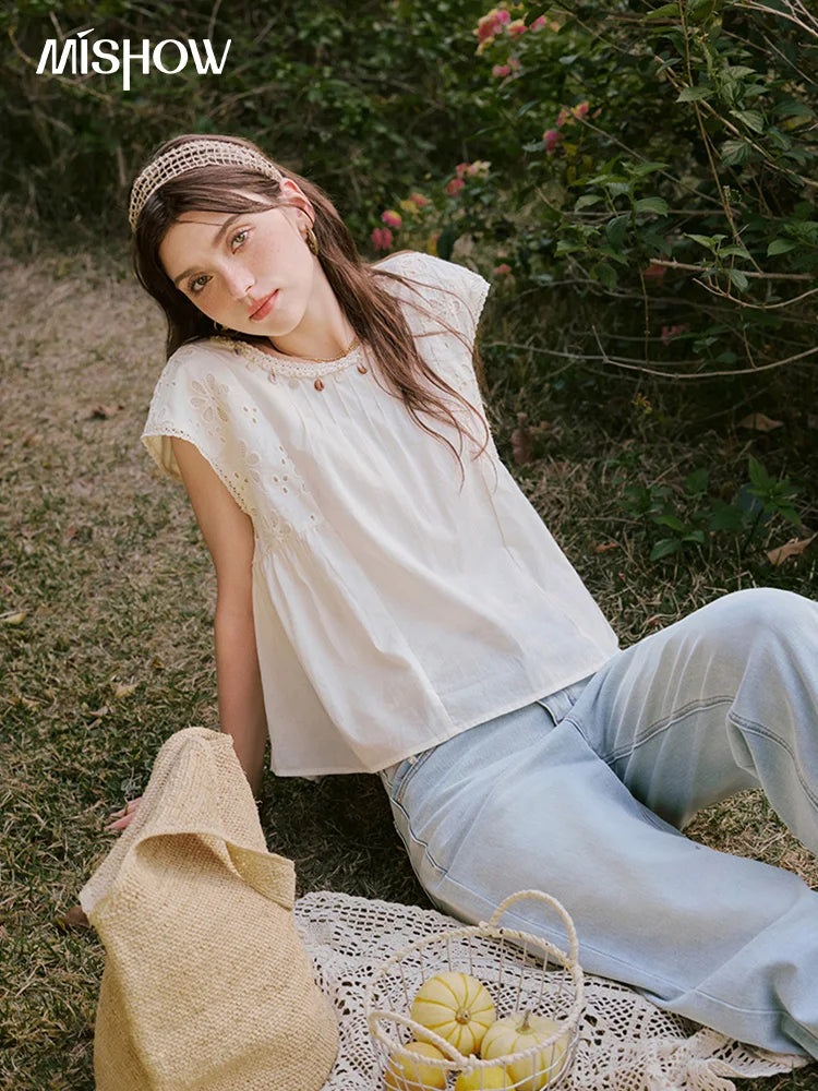 MISHOW French Summer Elegant Blouses Women 2025 Solid Short Flying Sleeve Round Neck Hollow Lace Shirts Woman Fashion MXE33X1778