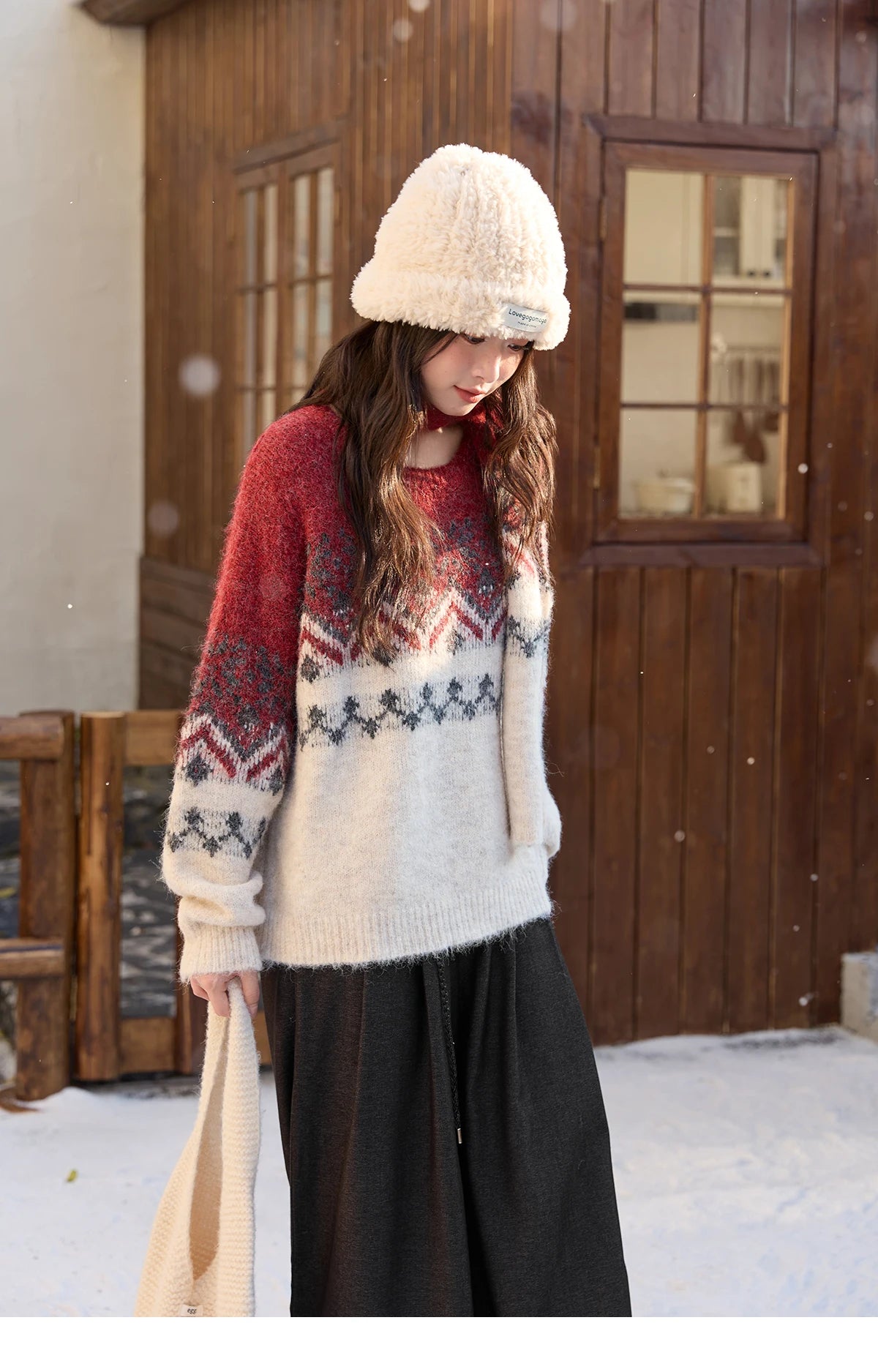 MISHOW Christmas Jacquard Retro Sweater Winter Geometric Red Scarf Fair Isle Sweater Wool Blend Thickened Knitted Top MXE51Z2628