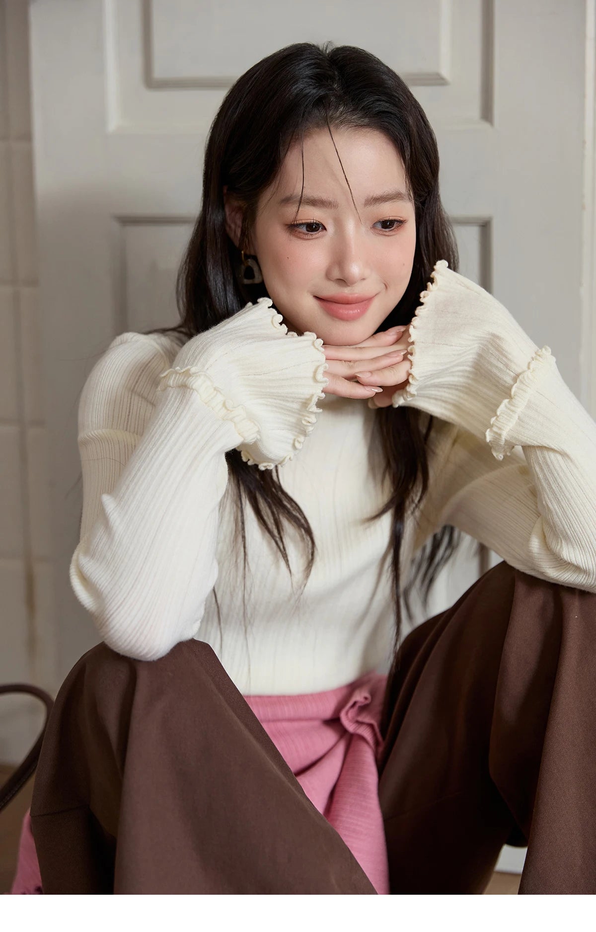 MISHOW Women's Long Sleeve Top 2025 Autumn New Casual Solid Turtleneck Slim Knit Wood Ear Edge Trumpet Sleeve Top MXE51Z2552