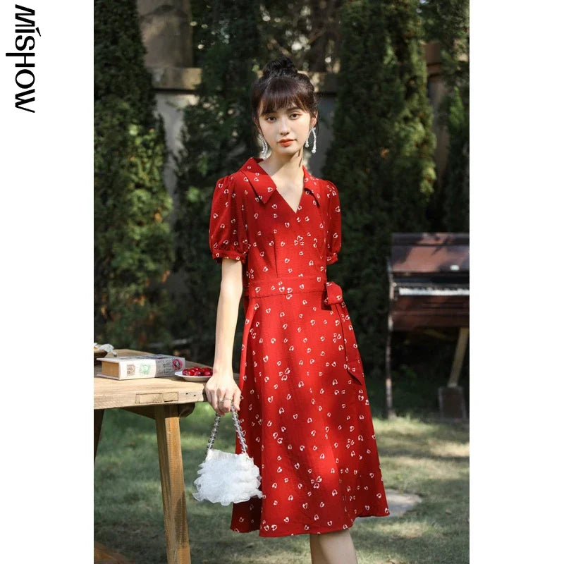 MISHOW Red Dresses For Women Summer French Hepburn One Piece V-neck Chiffon A-shape Floral Holiday Midi Dresses MXA29L0356